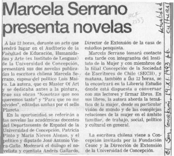 Marcela Serrano presenta novela  [artículo].