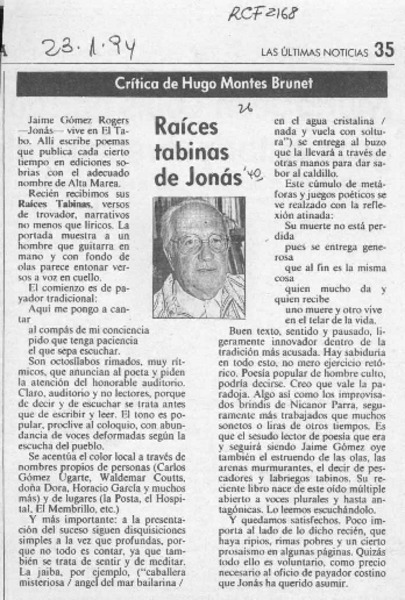 Raíces tabinas de Jonás  [artículo] Hugo Montes Brunet.