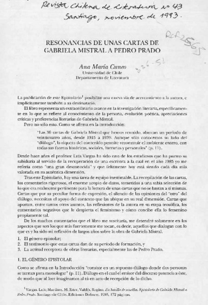 Resonancias de unas cartas de Gabriela Mistral a Pedro Prado