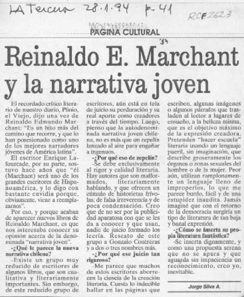 Reinaldo E. Marchant y la narrativa joven  [artículo] Jorge Silva A.