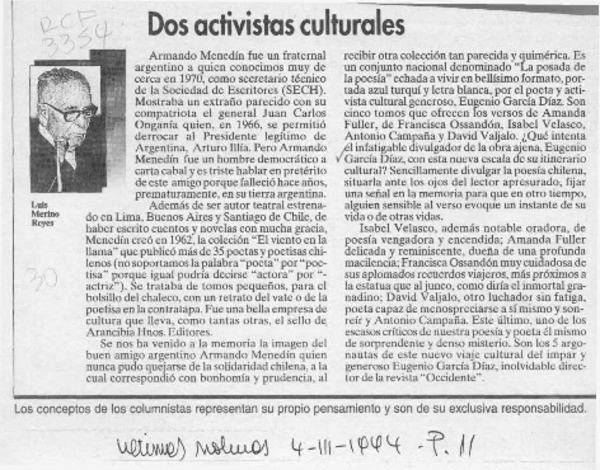 Dos activistas culturales  [artículo] Luis Merino Reyes.