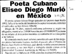 Poeta cubano Eliseo Diego murió en México  [artículo].
