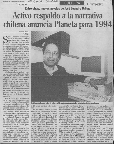 Activo respaldo a la narrativa chilena anuncia Planeta para 1994  [artículo] Oscar Vega.