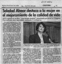 Soledad Alvear destaca a la mujer en el mejoramiento de la calidad de vida  [artículo].