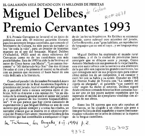 Miguel Delibes, Premio Cervantes 1993  [artículo].