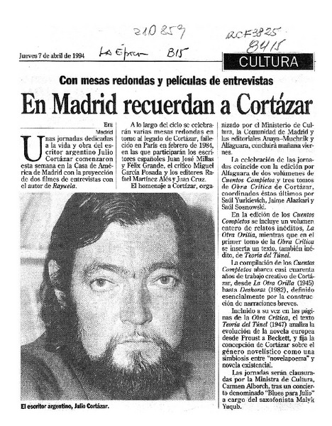 En Madrid recuerdan a Cortázar  [artículo].