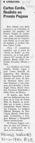 Carlos Cerda, finalista en Premio Pegaso  [artículo].