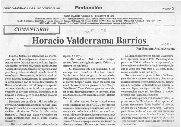 Horacio Valderrama Barrios  [artículo] Benigno Avalos Ansieta.