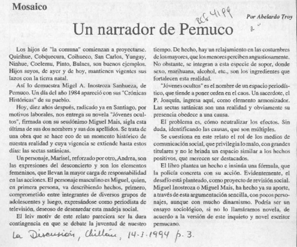Un narrador de Pemuco  [artículo] Abelardo troy.