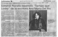 Editorial Planeta reeditará "Tiempo que ladra" de la escritora Ana María del Río  [artículo].