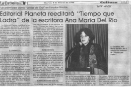 Editorial Planeta reeditará "Tiempo que ladra" de la escritora Ana María del Río  [artículo].