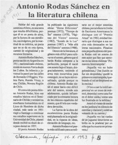 Antonio Rodas Sánchez en la literatura chilena  [artículo].