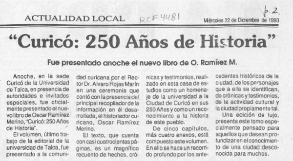 "Curicó, 250 años de historia"  [artículo].