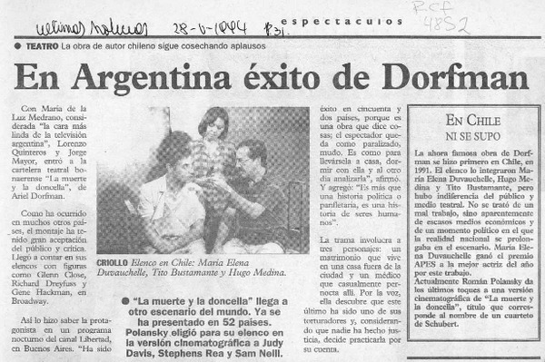 En Argentina éxito de Dorfman  [artículo].