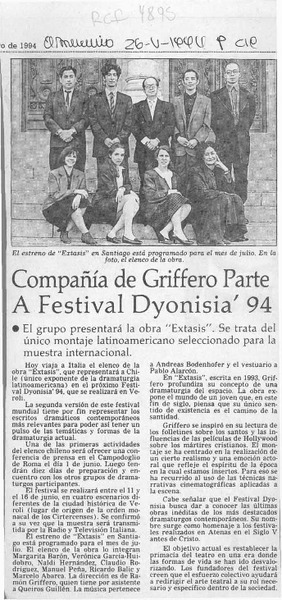 Compañía de Griffero parte a festival Dyonisia '94  [artículo].