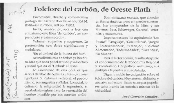 Folklore del carbón, de Oreste Plath  [artículo] José Carrión Canales.