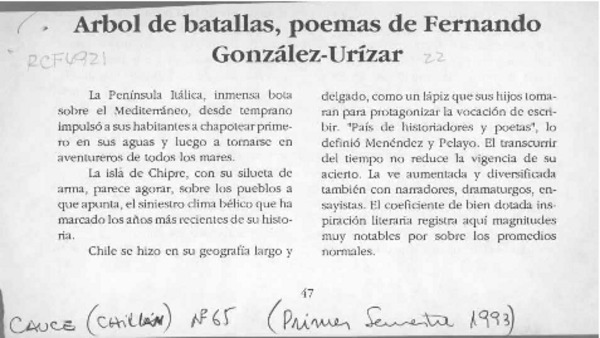 Arbol de batallas, poemas de Fernando González-Urízar  [artículo] Ernesto Livacic G.