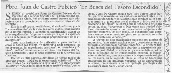 Pbro. Juan de Castro publicó "En busca del tesoro escondido"  [artículo].