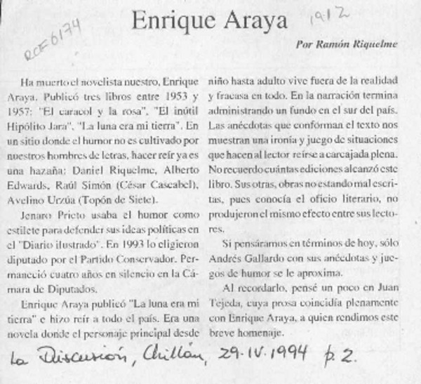 Enrique Araya  [artículo] Ramón Riquelme.