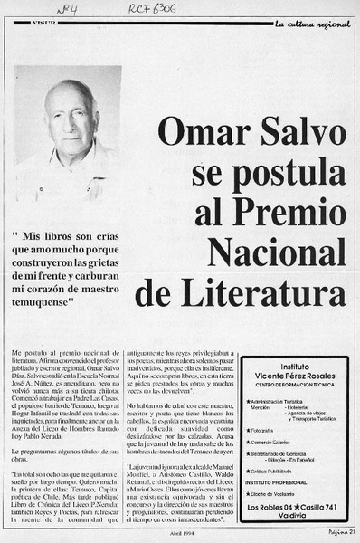Omar Salvo se postula al Premio Nacional de Literatura