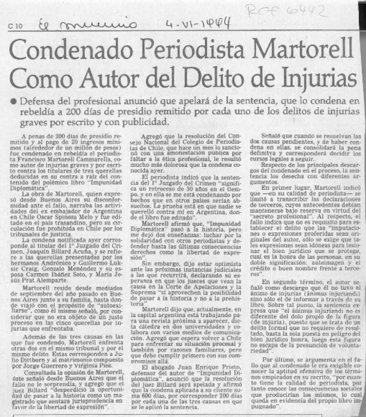 Condenado periodista Martorell como autor del delito por injurias  [artículo].