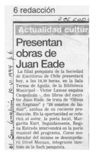 Presentan obras de Juan Eade  [artículo].