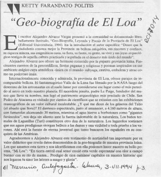 "Geo-biografía de El Loa"  [artículo]Ketty Farandato Politis.