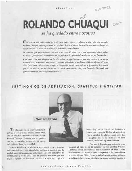 Rolando Chuaqui se ha quedado entre nosotros  [artículo] Renato Lewin.