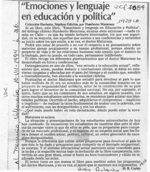 "Emociones y lenguaje en educación y política"  [artículo] H. R. Cortés.