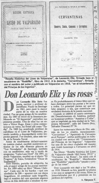 Don Leonardo Eliz y las rosas  [artículo] Adolfo Simpson T.