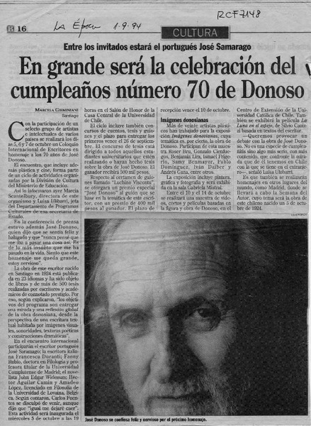 En grande será la celebración del cumpleaños número 70 de Donoso  [artículo] Marcela Gieminiani.