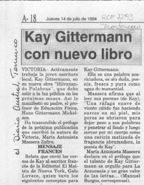 Kay Gittermann con nuevo libro  [artículo] Manuel Burgos.