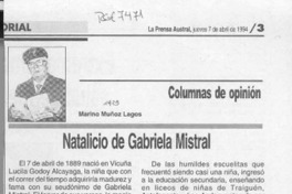 Natalicio de Gabriela Mistral  [artículo] Marino Muñoz Lagos.