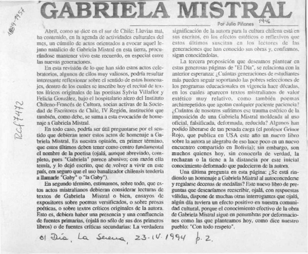 Gabriela Mistral  [artículo] Julio Piñones.