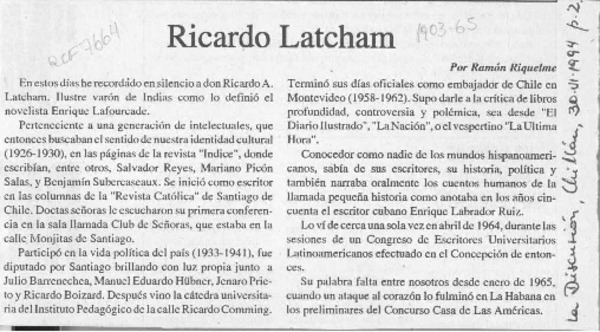 Ricardo Latcham  [artículo] Ramón Riquelme.