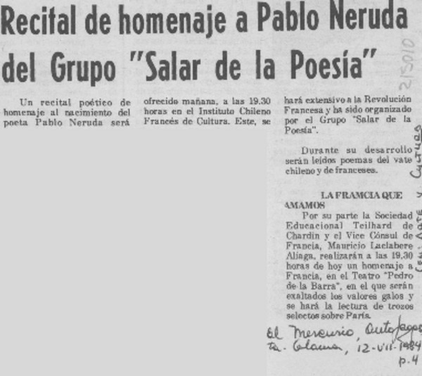 Recital de homenaje a Pablo Neruda del Grupo "Salar de la poesía"