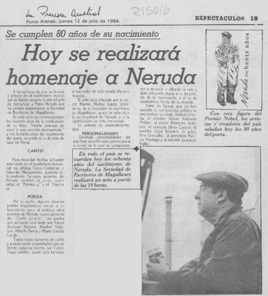 Hoy se realizará homenaje a Neruda