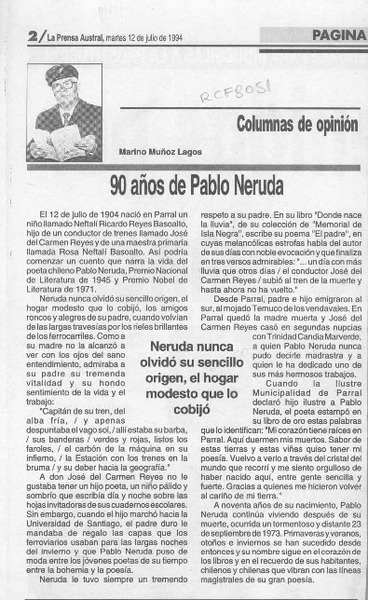 90 años de Pablo Neruda  [artículo] Marino Muñoz Lagos.