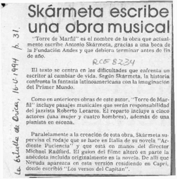 Skármeta escribe una obra musical  [artículo].