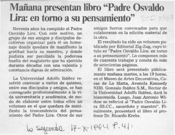Mañana presentan libro "Padre Osvaldo Lira, en torno a su pensamiento"  [artículo].