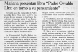 Mañana presentan libro "Padre Osvaldo Lira, en torno a su pensamiento"  [artículo].