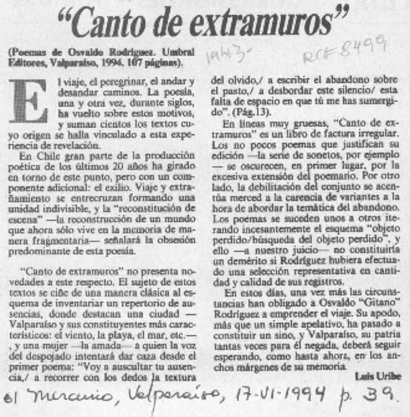 "Canto de extramuros"  [artículo] Luis Uribe.
