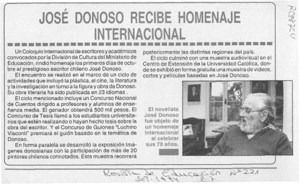 José Donoso recibe homenaje internacional  [artículo].