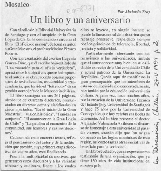 Un libro y un aniversario  [artículo] Abelardo Troy.
