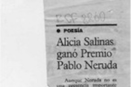 Alicia Salinas ganó Premio Pablo Neruda  [artículo].