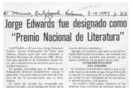 Jorge Edwards fue designado como "Premio Nacional de Literatura"  [artículo].
