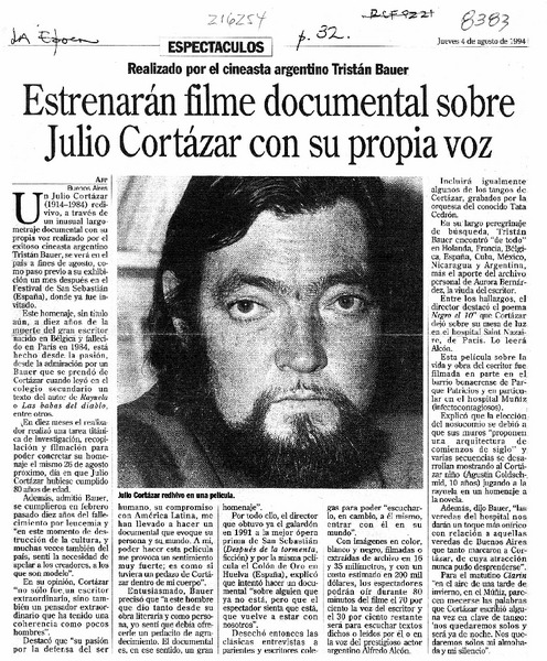 Estrenarán filme documental sobre Julio Cortázar con su propia voz  [artículo].