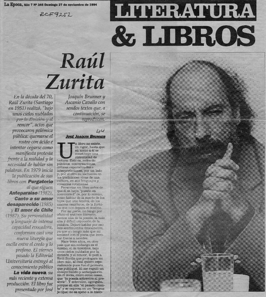 Raúl Zurita  [artículo] José Joaquín Brunner.