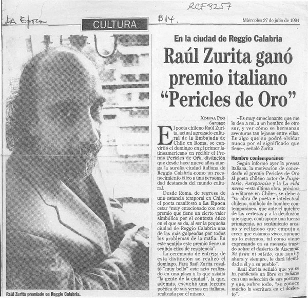 Raúl Zurita ganó premio italiano "Pericles de oro"  [artículo] Ximena Poo.