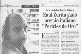 Raúl Zurita ganó premio italiano "Pericles de oro"  [artículo] Ximena Poo.